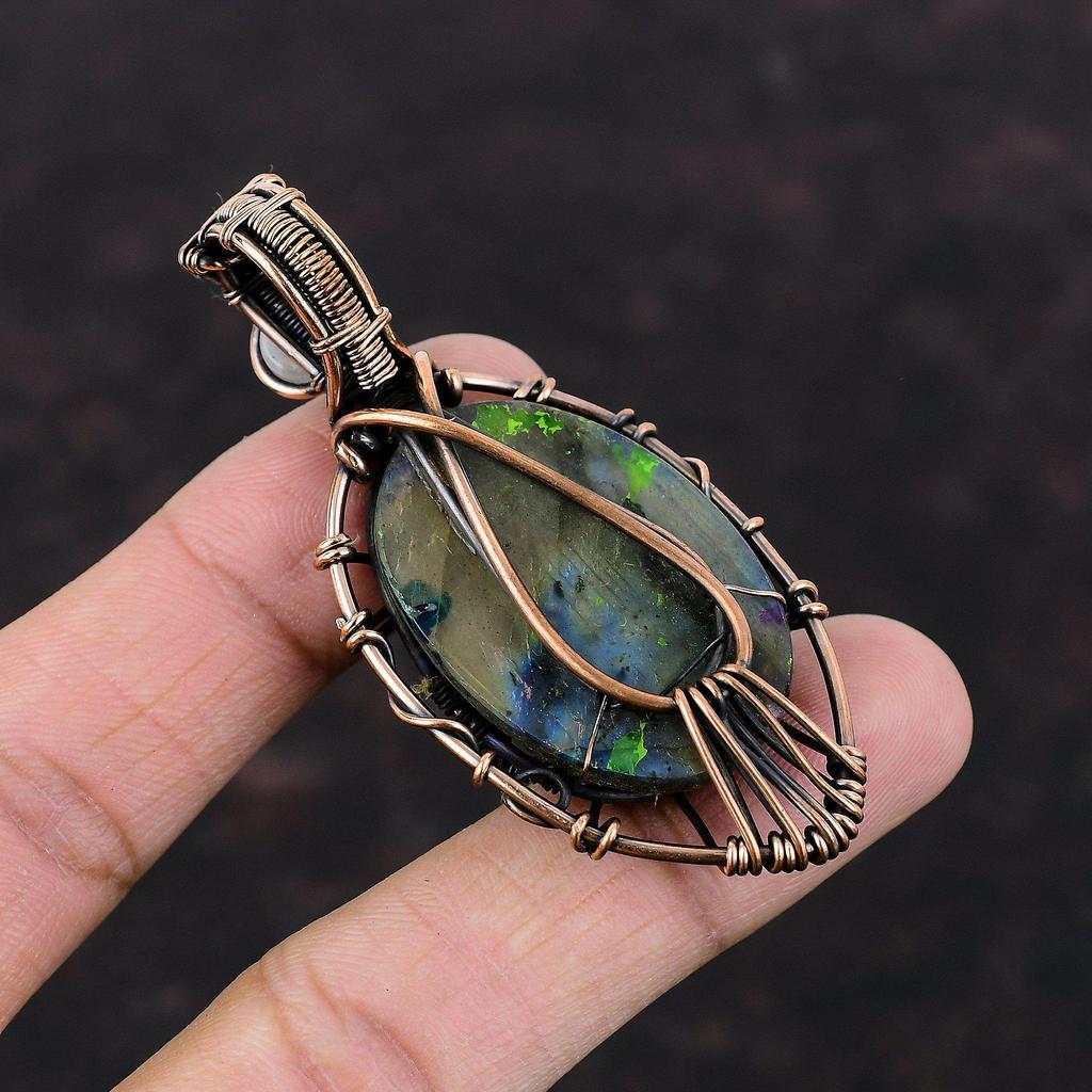 Evil Eye Multi Fire Labradorite Pendant Copper Wire Wrapped Gemstone Pendant Moonstone Pendant Copper Wire Jewelry Handmade Evil Eye Jewelry