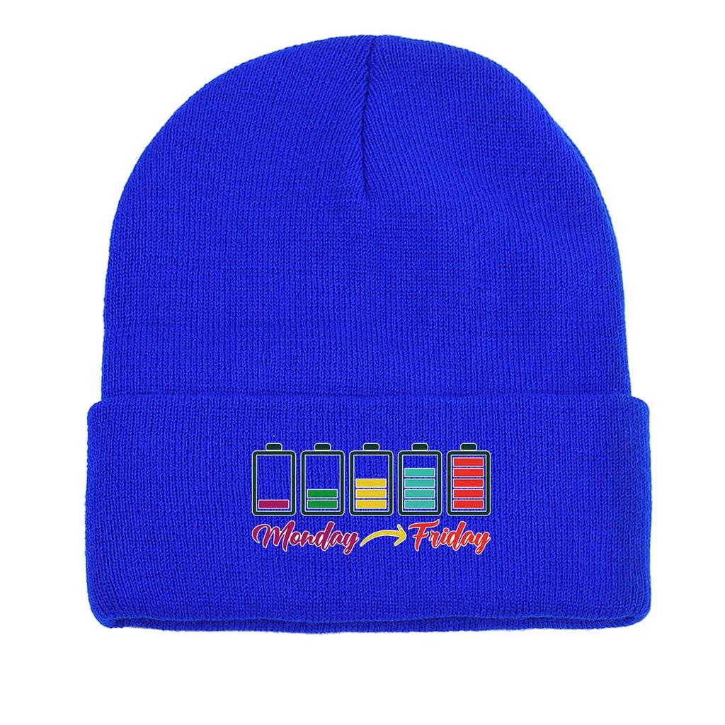 Monday Friday" Battery Print Knit Cap Beanie, Woman Cap Cancer Chemo Cozy Trendy Bobble Hat Knitted Hat Beanie