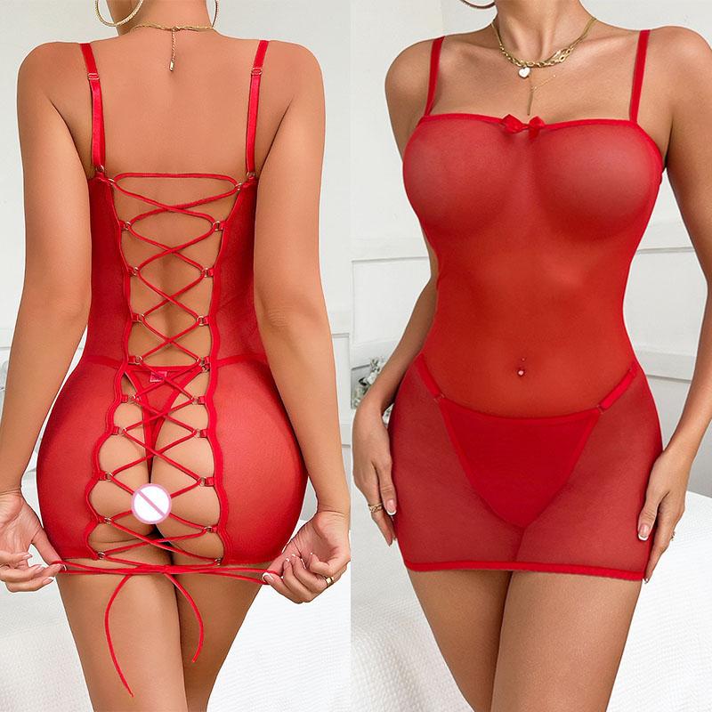 Fashion Sheer Cross-Tie Bodysuit Woman Sexy Lingerie Erotic Leopard Print Short Dress Lace Underwear Backbare Bodysuit Sexy Set