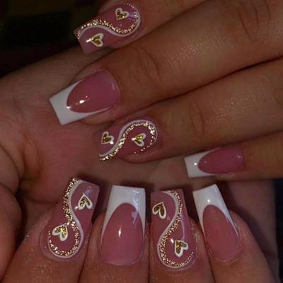 24 Stück Minimalistischer Stil Französische Kurze Sargform Herz Glitzer Weißer Rand Falsche Nagelspitzen, Press-On-Nägel Nagelzubehör