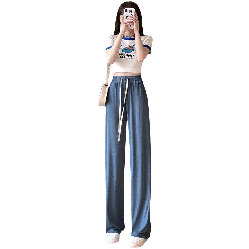 Light Blue Ice Silk Wide-leg Pants Women's Summer Thin 2025 New High-waisted Straight Lazy and Loose Pants