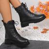 fashion Women's Black Platform Ankle Boots Fashion Buckle Decor Lace Up Motorcycle Boots Woman Thick Sole PU Leather Combat Booties 2024