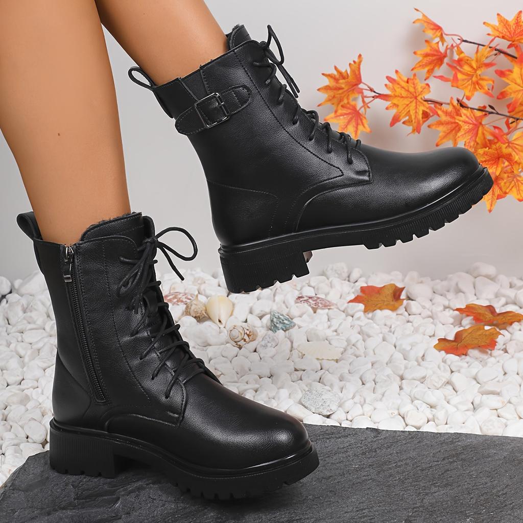 fashion Women's Black Platform Ankle Boots Fashion Buckle Decor Lace Up Motorcycle Boots Woman Thick Sole PU Leather Combat Booties 2024