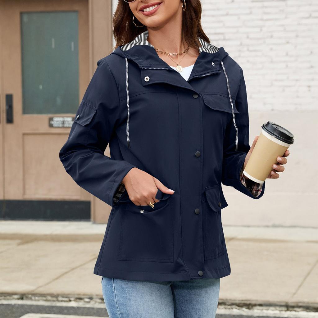 Damenmode Trenchcoat Einfarbig Langärmlig Kapuze Mehrere Taschen Jacke