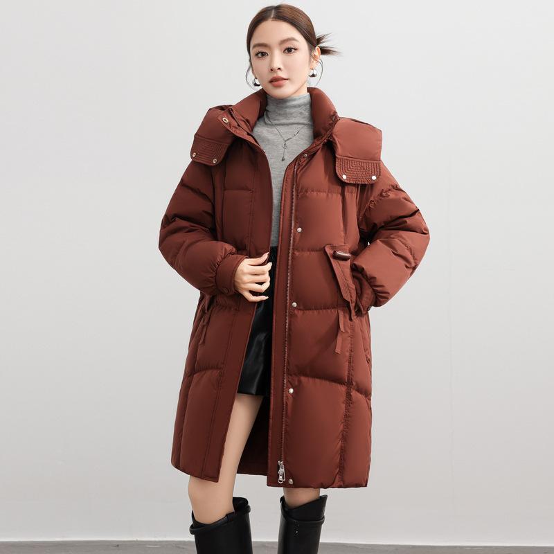 New Down Jacket Women's Winter Thermal Clothing Medium and Long Loose Duck Down Hooded Thermal Jacket Feeling