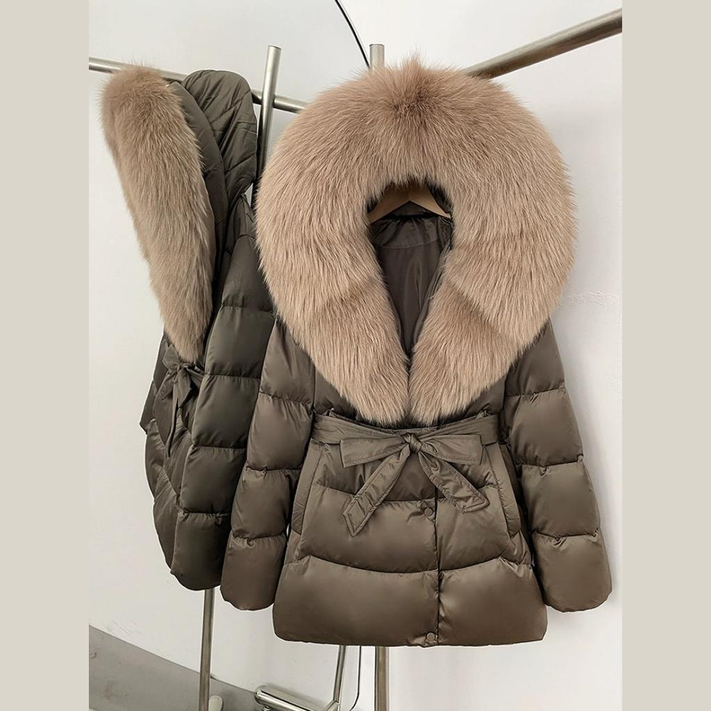 Winter Fox Big Fur Collar High-end Thickened Down Jacket Women's Mid-length Waist Imitation Leather Jacket