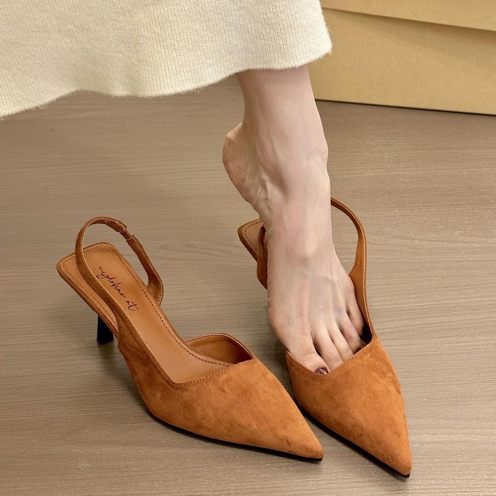 Blue Memory! Retro Suede Side Empty Pointed Tip Thin Heel Sandals Women'S Spring And Spring Commuting Bag Head Empty Sandals