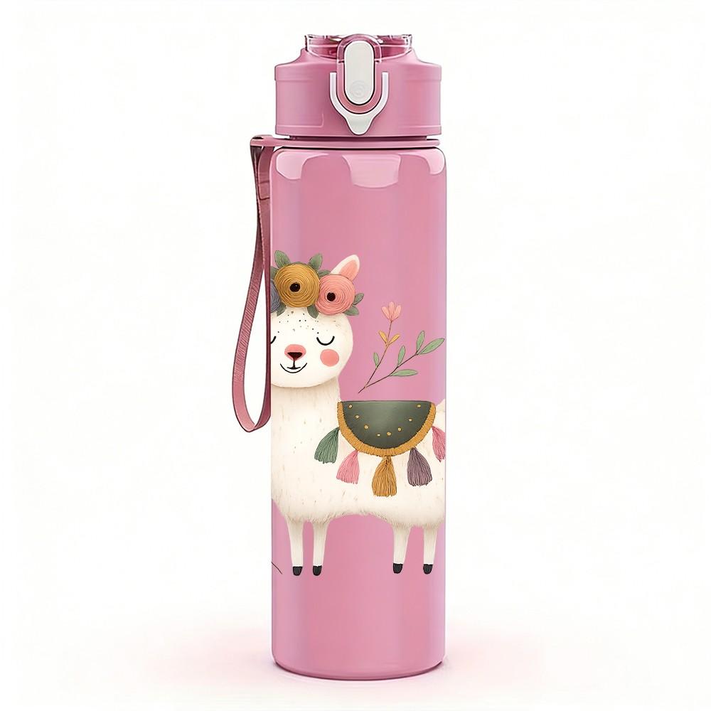 1PC Flower Crown Llama 750ml Color Plastic Sports Water Bottle Leakproof Flip Straw Lid Suitable for Sports Office Home Use