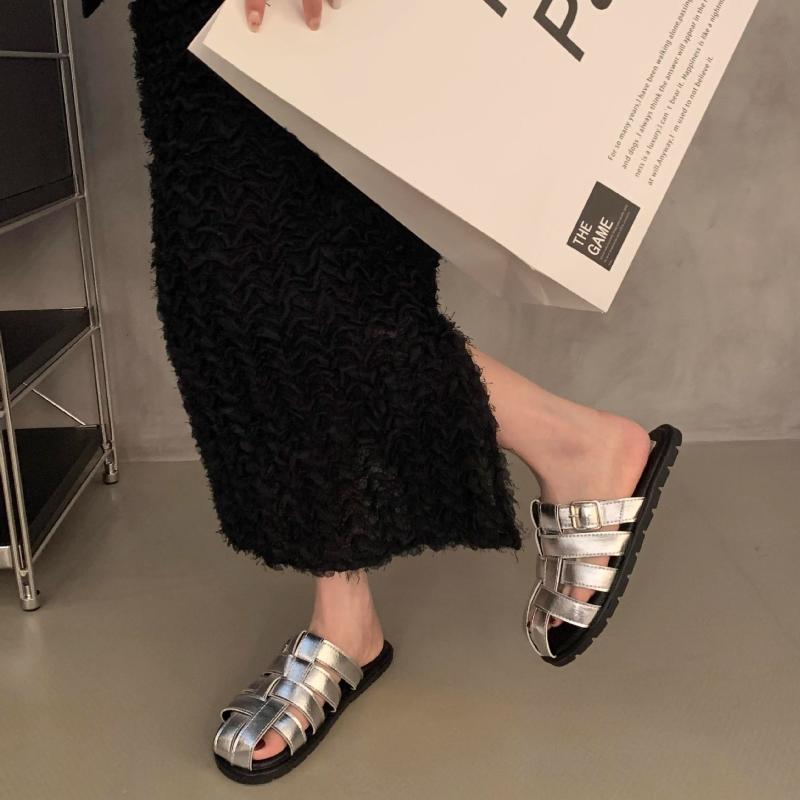 Retro Roman Shoes Women Genuine Leather Mules Round Toe Flat Sandals Buckle Slippers Ladies Fashion Casual Shoes Summer