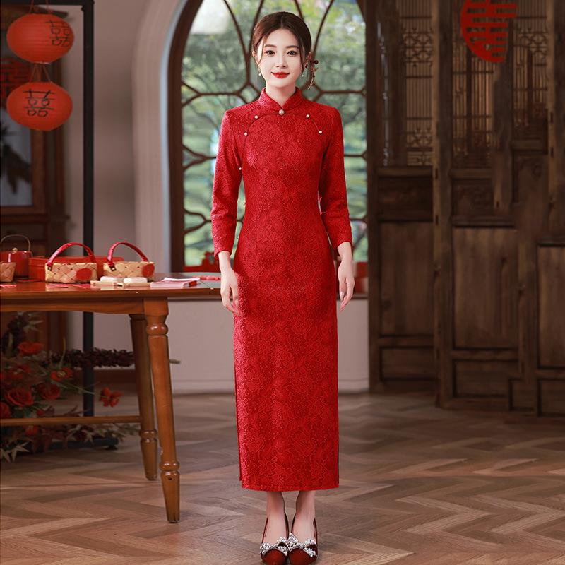 Red lace velvet autumn and winter clothing national style new Chinese long-sleeved improved cheongsam winter thick female bride toasting clothes M