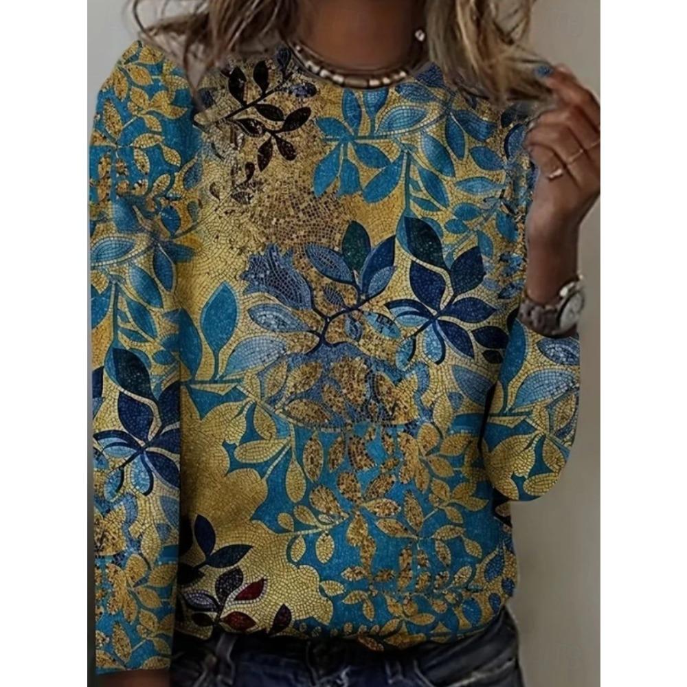 Tops for Women Autumn Leaf Print Round Neck Long Sleeve T-shirt Fall Casual Slim Pullover Women's Long Sleeve Top