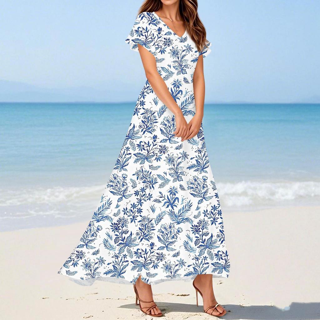 Women's Summer Casual Fashion Print Dresses V-Neck Short Sleeve Dresses