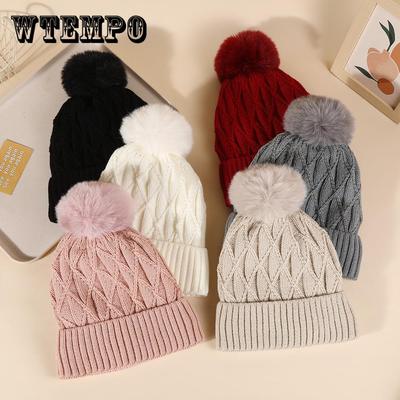 Winter Warm Outdoor Plush Thick Knitted Hat for Women with Hairball No Brims Versatile Knitted Hat