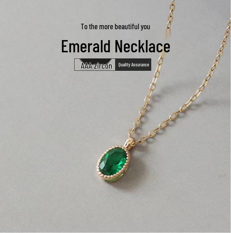 14K Gold-Plated Sterling Silver Necklace with Oval Emerald Pendant - Luxury Clavicle Chain for Women