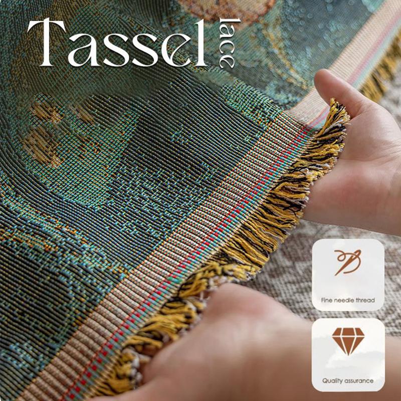 Retro Oil Painting Design Sofa Towel All Season Universal for Living Room Home Decor Tassel Sofa Cover Cloth Flowers Couch Towel