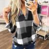 Plus Size Women Casual Loose Long Sleeve Plaid Shirt Spring Autumn V-neck Long-sleeved Top