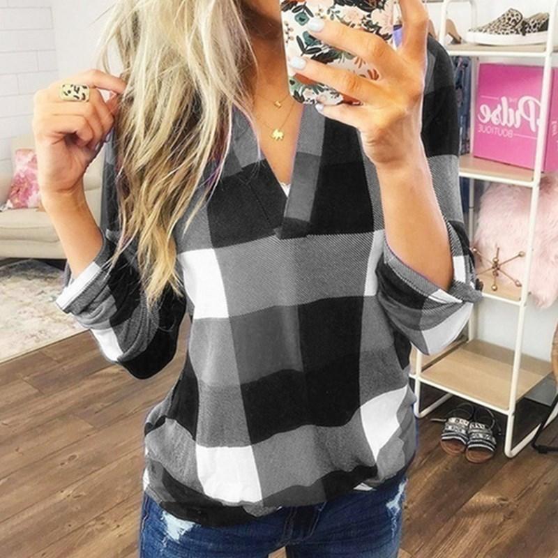 Plus Size Women Casual Loose Long Sleeve Plaid Shirt Spring Autumn V-neck Long-sleeved Top