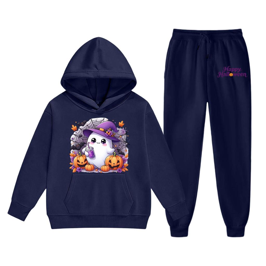 Kids Halloween Hoodie and Sweatpants Set Cute Ghost Print Pullover Hooded Sweatshirt and Matching Bottoms for Children Soft Comfortable Outfit