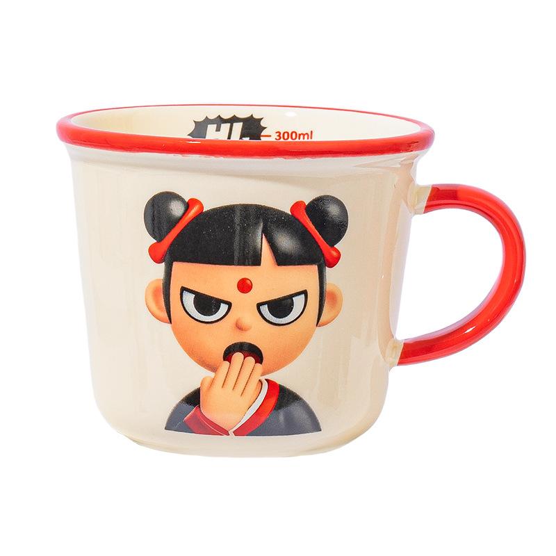 The new Nezha ceramic milk cup microwave can be heated to children's drinking cup graduated oatmeal cup souvenir