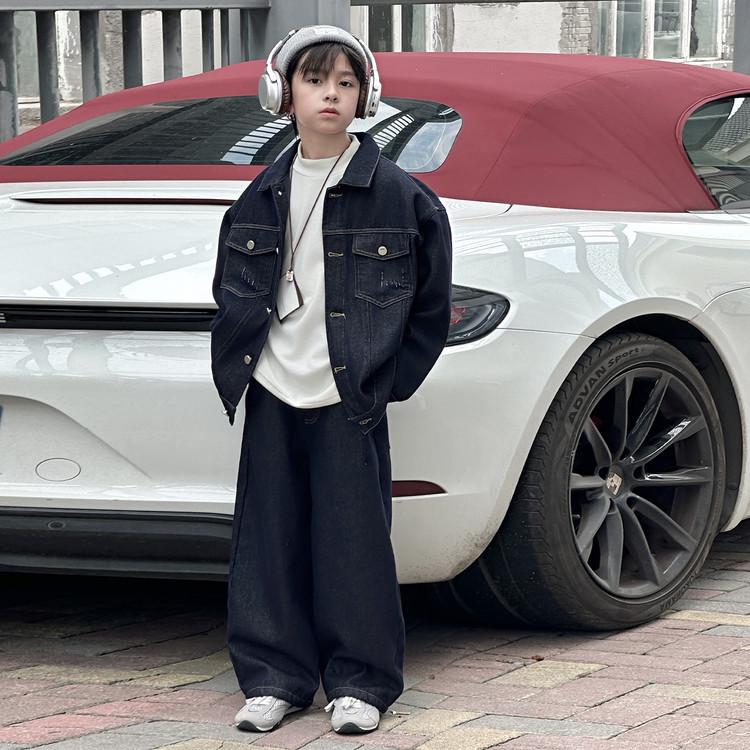 Boys' Preppy Style Denim Two-Piece: Warm Fleece-Lined Coat & Pants - 2025 Autumn/Winter Collection