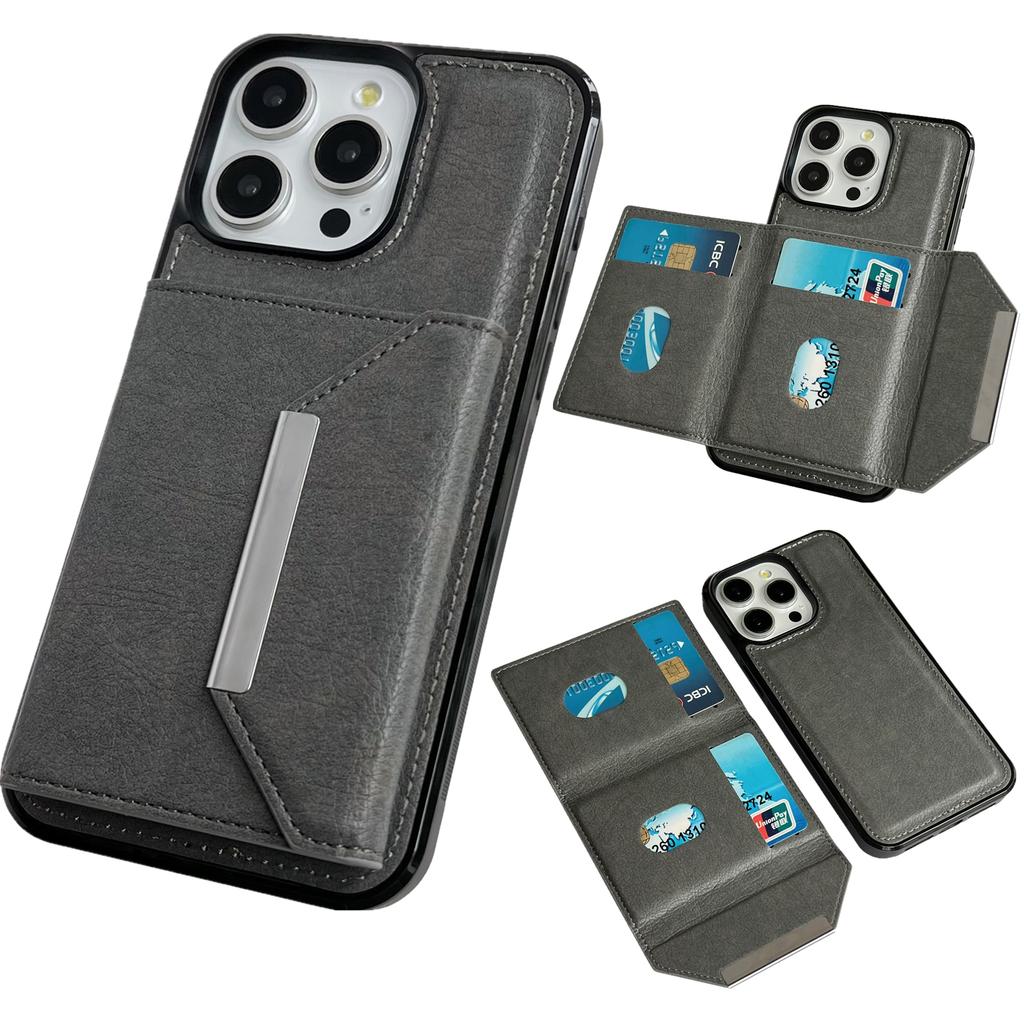 For iPhone 16 Pro Case Card Bag Kickstand TPU+PU Phone Cover