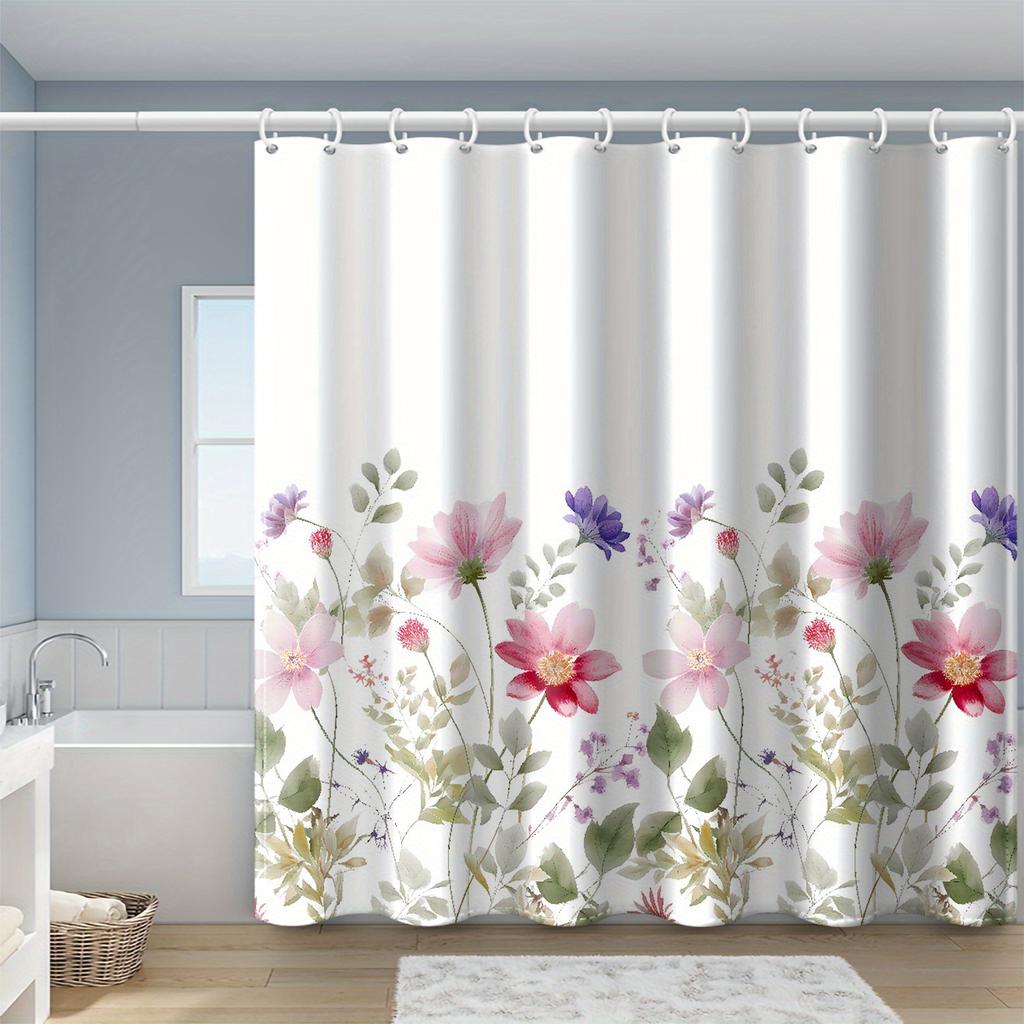 1pc Ink Floral Print Shower Curtain with Hooks, Polyester Fabric, Window and Wall, Bathtub, Bathroom Home Decor Shower Curtain