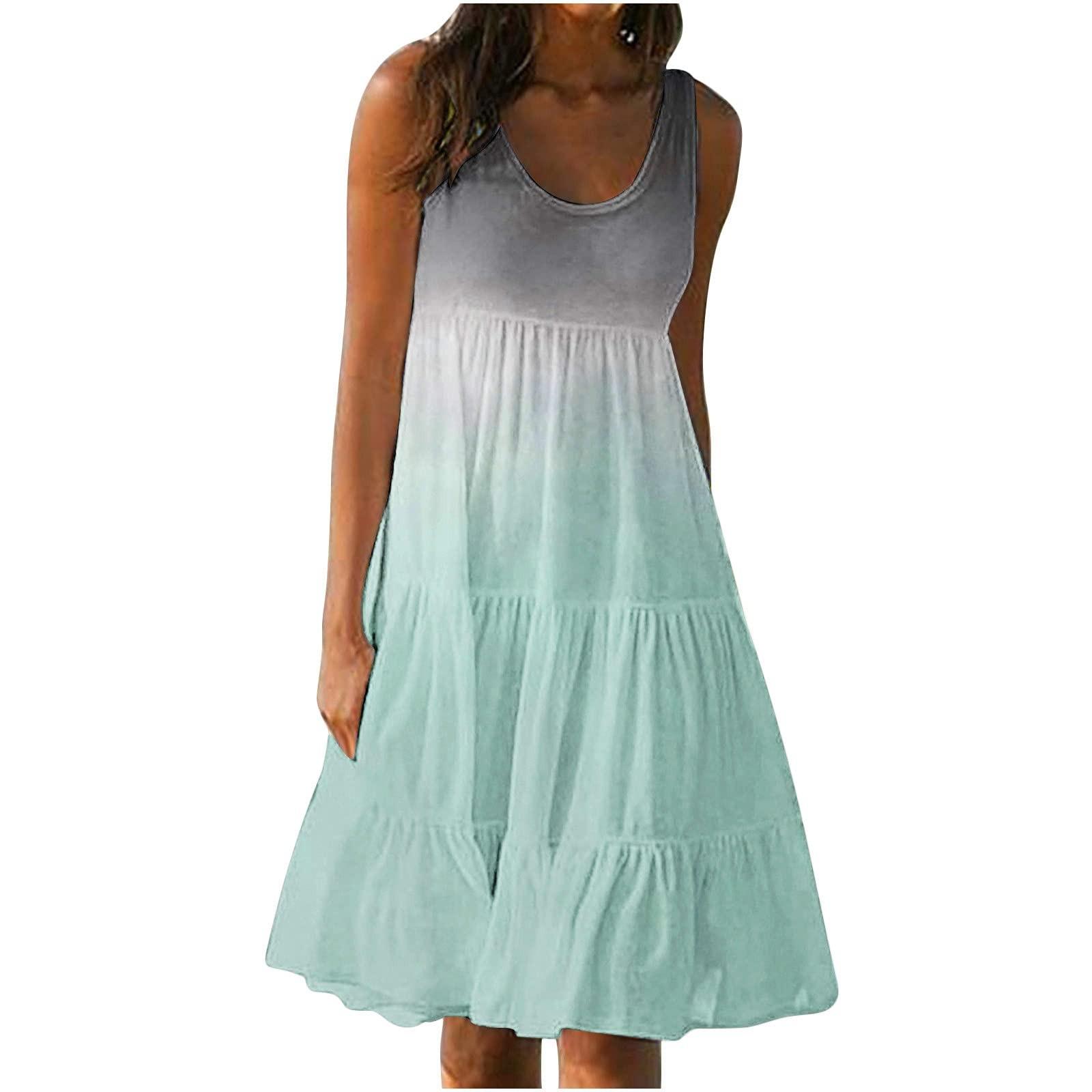 Women s Summer Sleeveless Ruched Beach Dress O Neck Midi Dress Casual Sundress S синий