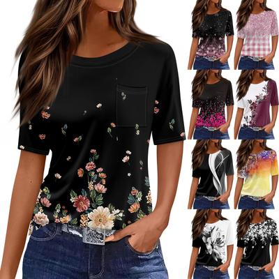 T Shirts For Women Pleated Round Neck Dressy Casual Blouses Printing Short Sleeve Summer Tops Loose Fit