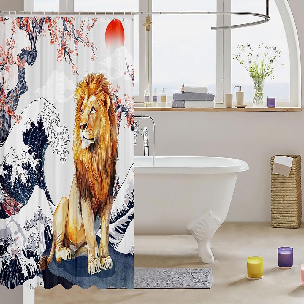 Cartoon Lion Shower Curtain for Kids Boys Girls Japanese Style Waterproof Bathroom Curtain, Vintage Ukiyoe Bath Curtain Ocean