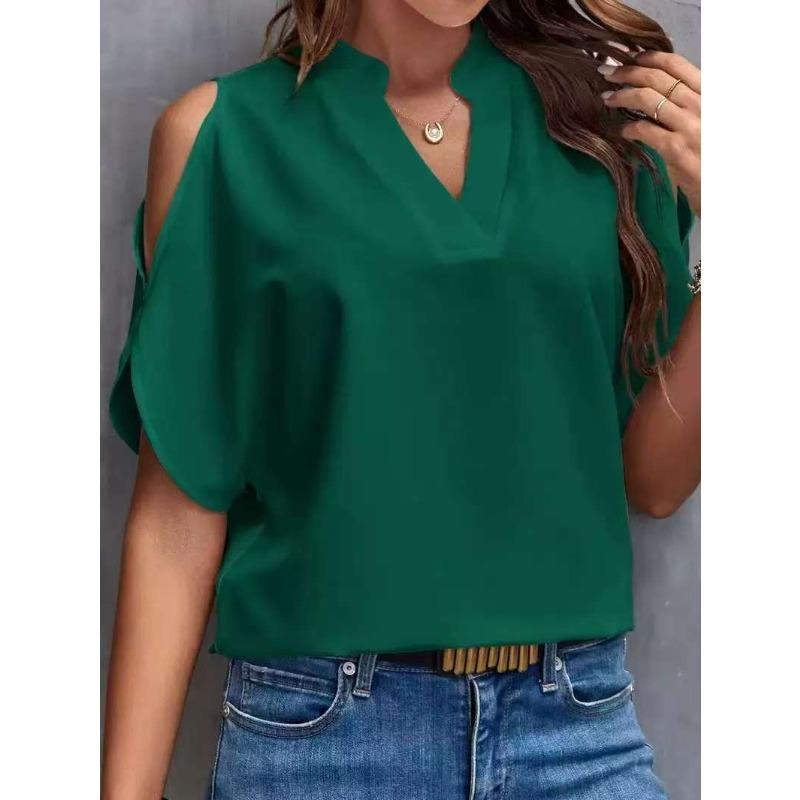 BITCED Women's Fashion Casual Solid Color Print Short Sleeve V Neck Blouses & Shirts