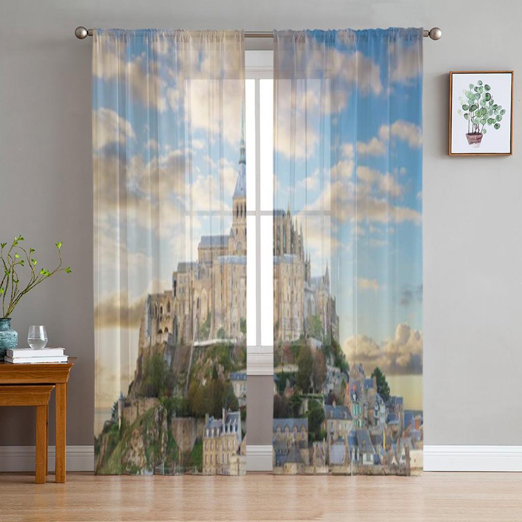 Nahaufnahme des Mont Saint Michel bei Sonnenuntergang in Frankreich, transparente Tüllvorhänge für Wohnzimmer, Küchendekoration, Voile-Organza-Vorhänge