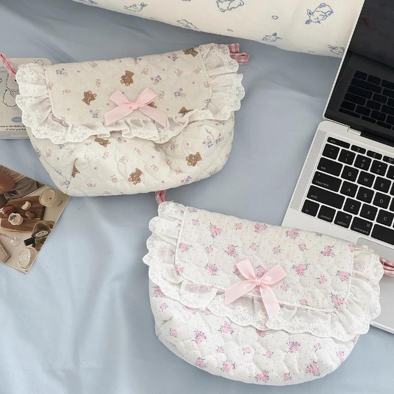 Cute Girls Quilted Cotton Crossbody Bag Outdoor Portable Student Ladies Storage Handbags Bow Lace Plaid Women Shoulder Bags