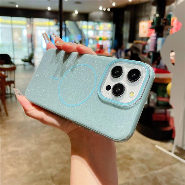 For iPhone 15 Pro Max Luxury Flash Glitter Magsafe Magnetic Candy Frame Phone Case For iPhone 12 13 14 15 Plus Protective Cover