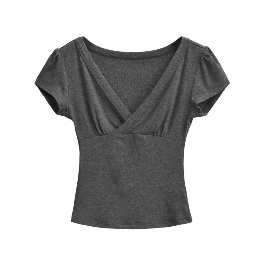 Summer New Spice Girl Style Solid Color Dark V-neck Slim-fitting Cross-elastic Short Slim Short-sleeved Bottoming Shirt T-shirt