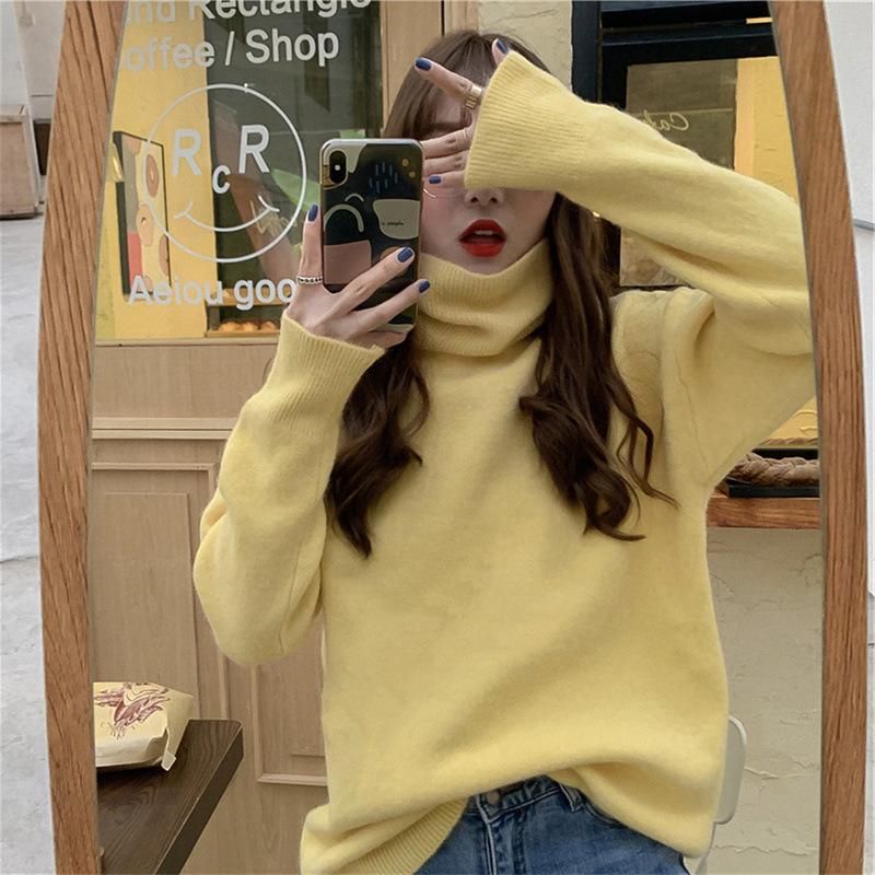 

Осенне-зимний повседневный свободный дикий свитер с высоким воротом и длинными рукавами, уличный свитер для женщин One Size жёлтый