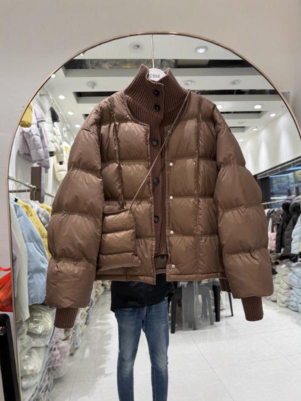 Korean Style Women's Stand Collar Short Down Jacket - Patchwork Knit, Warm and Versatile Winter Coat