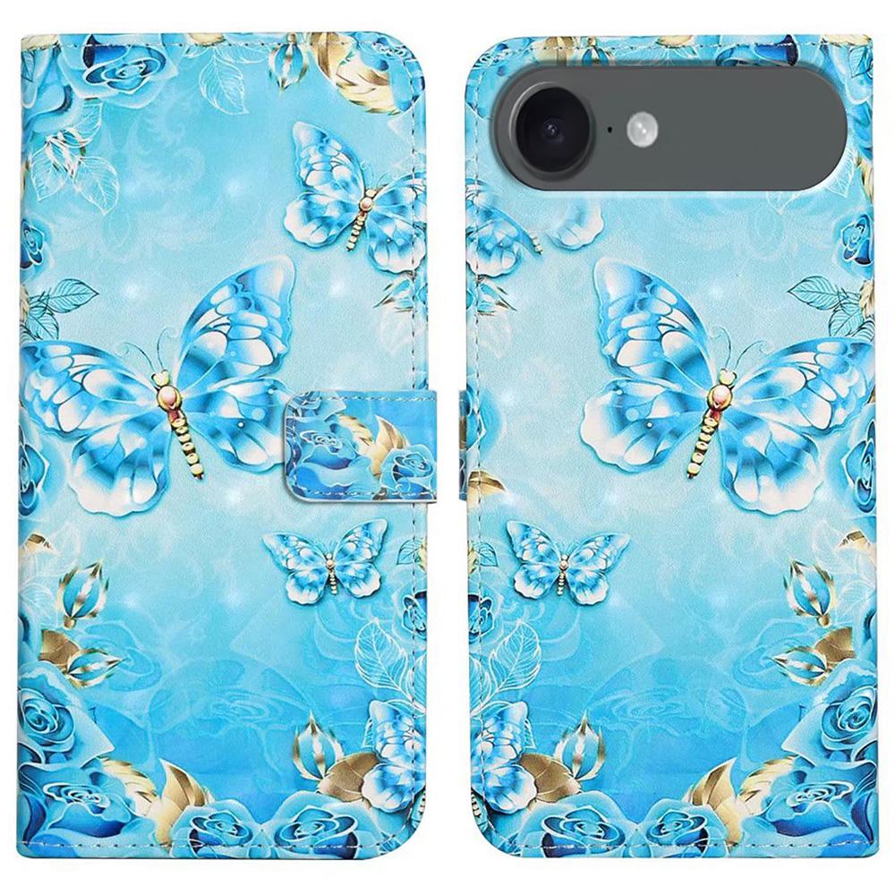 

For iPhone 17 Air Case 3D Creative Pattern PU Leather Stand Phone Cover Blue Butterfly