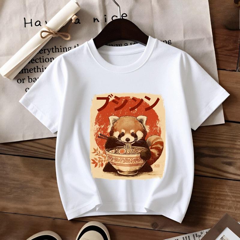 Kids Panda Noodle Bowl Print Crewneck Short Sleeve Tee, Spring Summer Casual Travel Top 110 белый