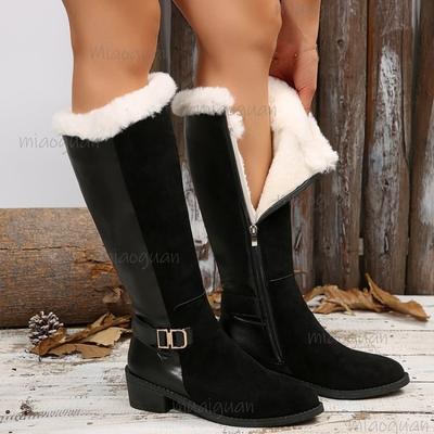 Mid-Heel Women's Black Knee-High Long Boots Short Plush Winter Warm Shoes Fashion Side Zip Metal Decors Bottes Femmes Size 36-43