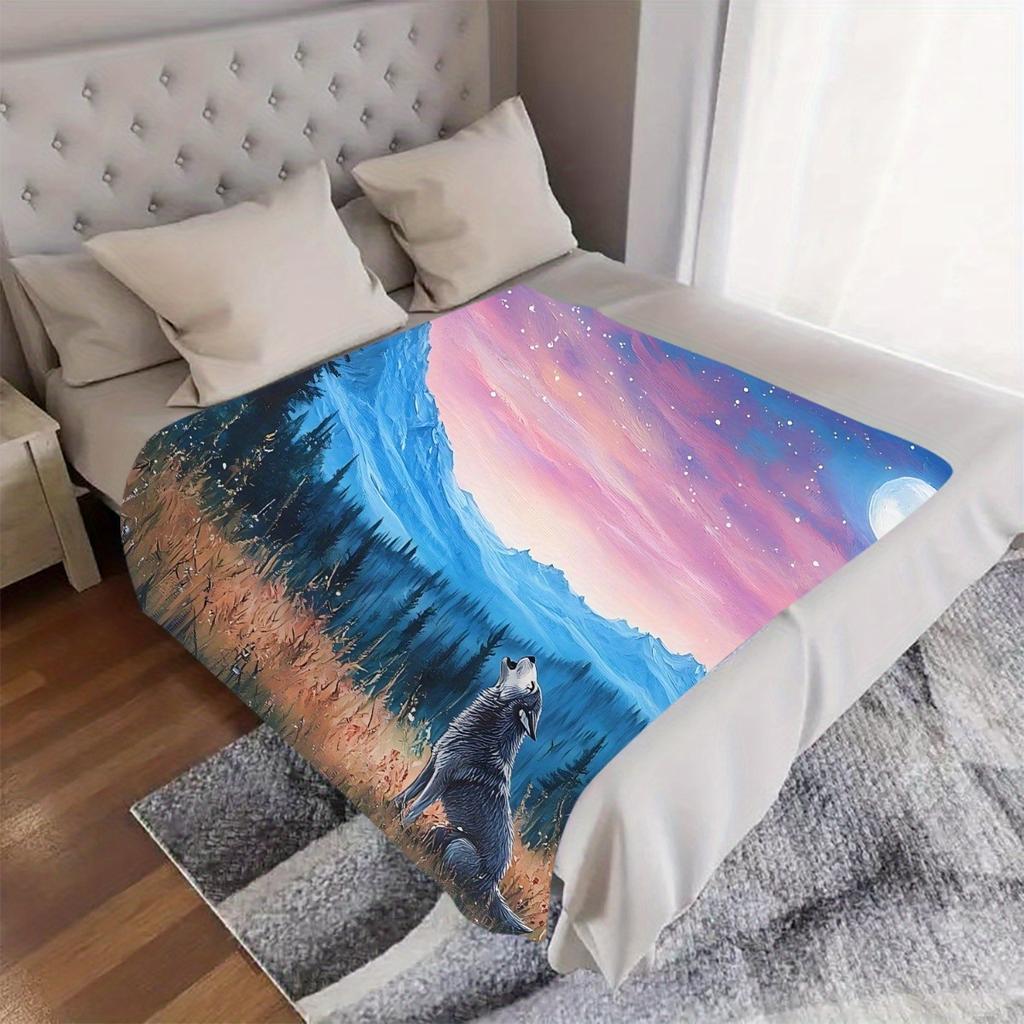 1pc Wolf Howling At the Moonlit Night Digital Printed Design Pattern Blanket, All-Season Soft and Warm Throw, Ideal for Home Bed