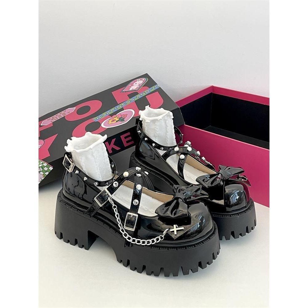 Punk Rivet Shallow Mouth Small Leather Shoes Women's New Spring Bow Thick Sole Height Increase Lo Shoes Versatile Single Shoes