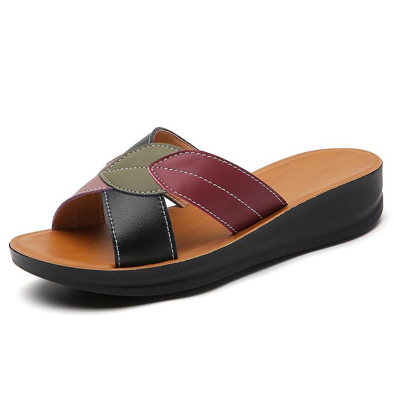 

Pacecraft Shoes Women s Leather Splicing Slide Sandals, Comfortable Casual Wedge Sandals 35 чёрный