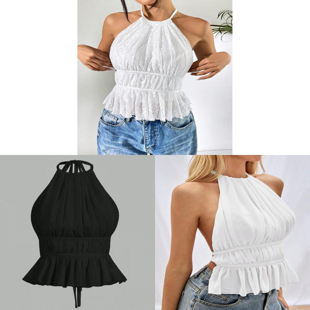 Polyester Blouse With Tie Straps For Women Summer 2025 Backless Design Elegant Style