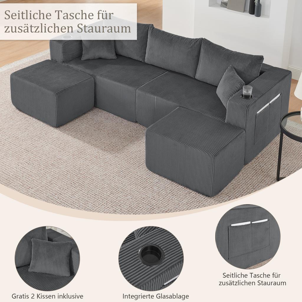 3-Seater Corner Sofa, L-Shaped with Movable Ottomans, Corduroy, Cup Holder, Side Pocket and Cushions, for Living Room, Hotels and Apartments, Gray
