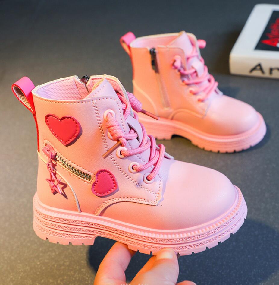 Fashion Girls Boots Kids Fashion Rubber Boots Cool Girl Autumn and Winter Cotton Soft Sole Pink with Love Side Zip Princess Round-toe PU