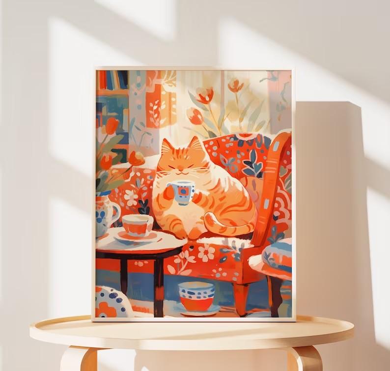 

Скандинавські Милі Коти П ють Каву Принти Тварини Пейзаж Плакат для Дитячої Кімнати Полотно Картина Різдвяний Подарунок Картинки Домашнього Декору 21x30cm No Framed