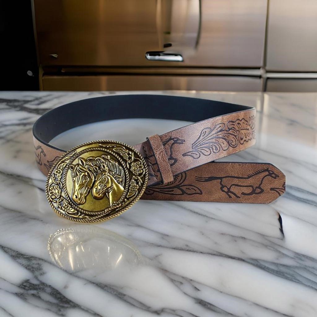 Waist Belt Punk Chain for Cowboy Cowgirl Carved Horse Buckle Retro Floral Buckle Waist Chain Sexy Belt