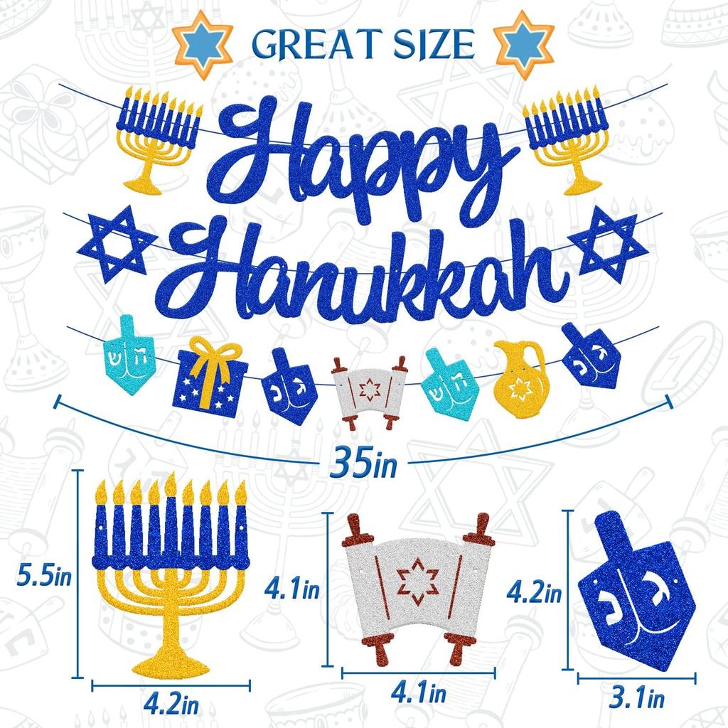 Happy Hanukkah Banner Chanukah Hanukkah Holiday Theme for Festival Wedding Baby Shower Birthday Party Supplies Glitter Blue Decorations