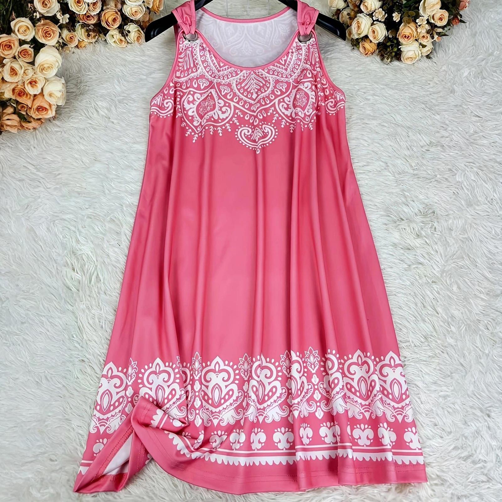 Women s Fashionable Plus Size Round Neck Sleeveless Printed Casual Loose Vest Dress XXXXL розовый