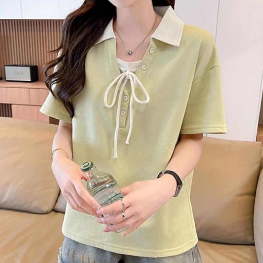 Navava Women ReTro Casual Loose FiT Ribbon Collar ShorT Sleeve T shirT nT3416